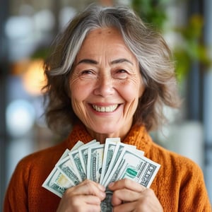 A woman of 40 years that has received a monetary award and is happy