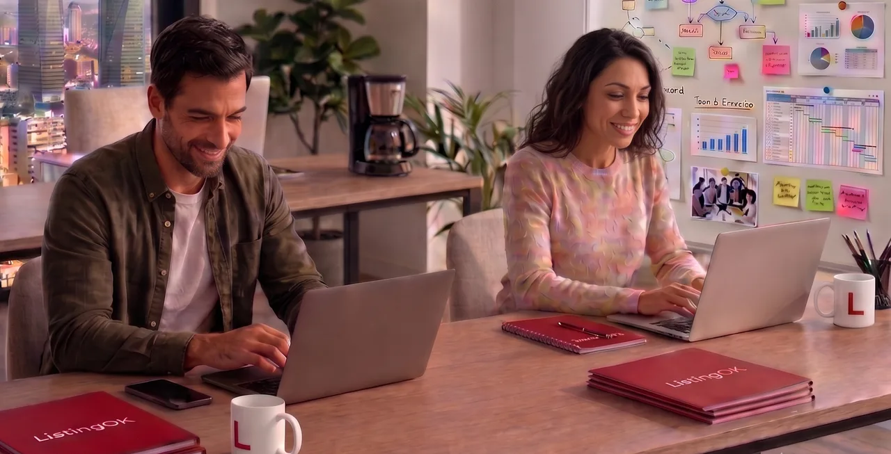 The ListingOK team working at their laptops, with a planning board of client accounts behind them.